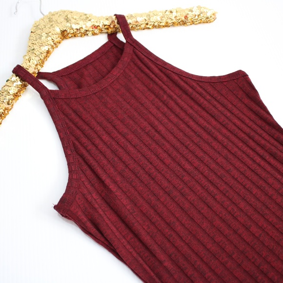 Burgundy Red Ribbed Side Slit Bodycon Midi Dress - Picture 3 of 5